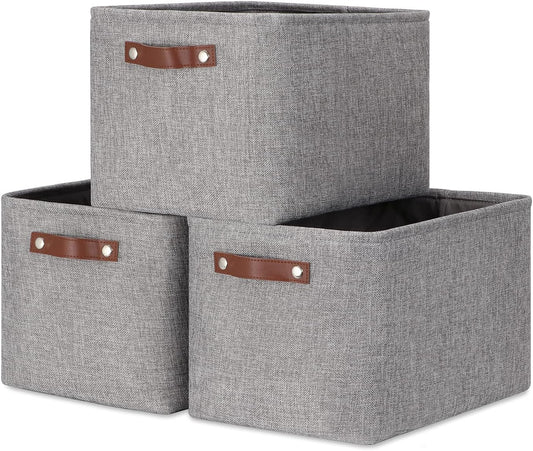 DULLEMELO Medium Storage Baskets for Organizing, Rectangular Fabric Storage Bins Collapsible, Perfect for Shelves, Closets, Nursery, Home, Office, Empty Gift Baskets (3-Pack,Grey)