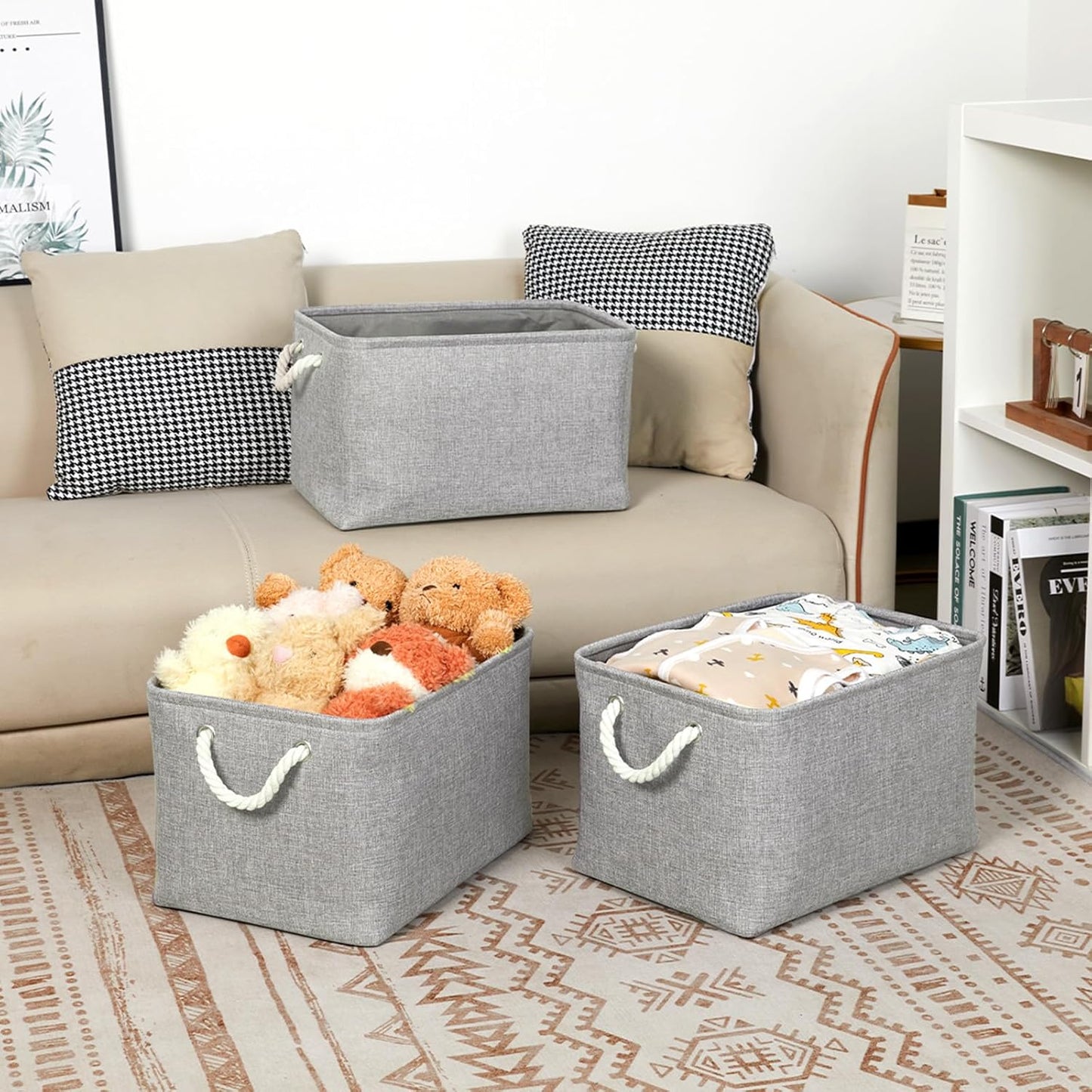 Bidtakay Storage Baskets Gray 3 Pack Shelf Baskets Collapsible Storage Bins for Clothes 15X11X9.5Inch Decorative Baskets with Handles Large Baskets for Organizing Closet Home Storage (Grey)