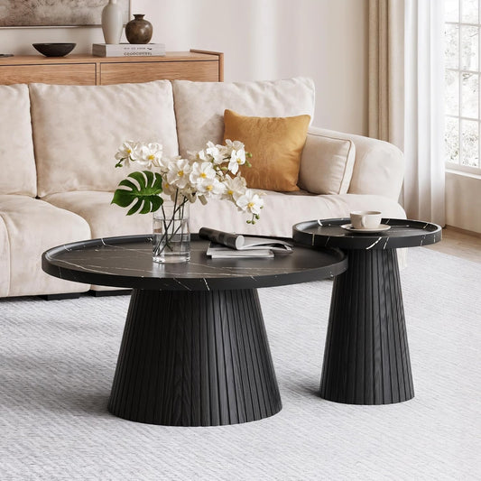 win2win Nesting Coffee Table Set of 2, Modern Coffee Table with Marble Veneer, Fluted Round Tea Table and End Table Set, Minimalist Center Tables for Living Room, Office, Black