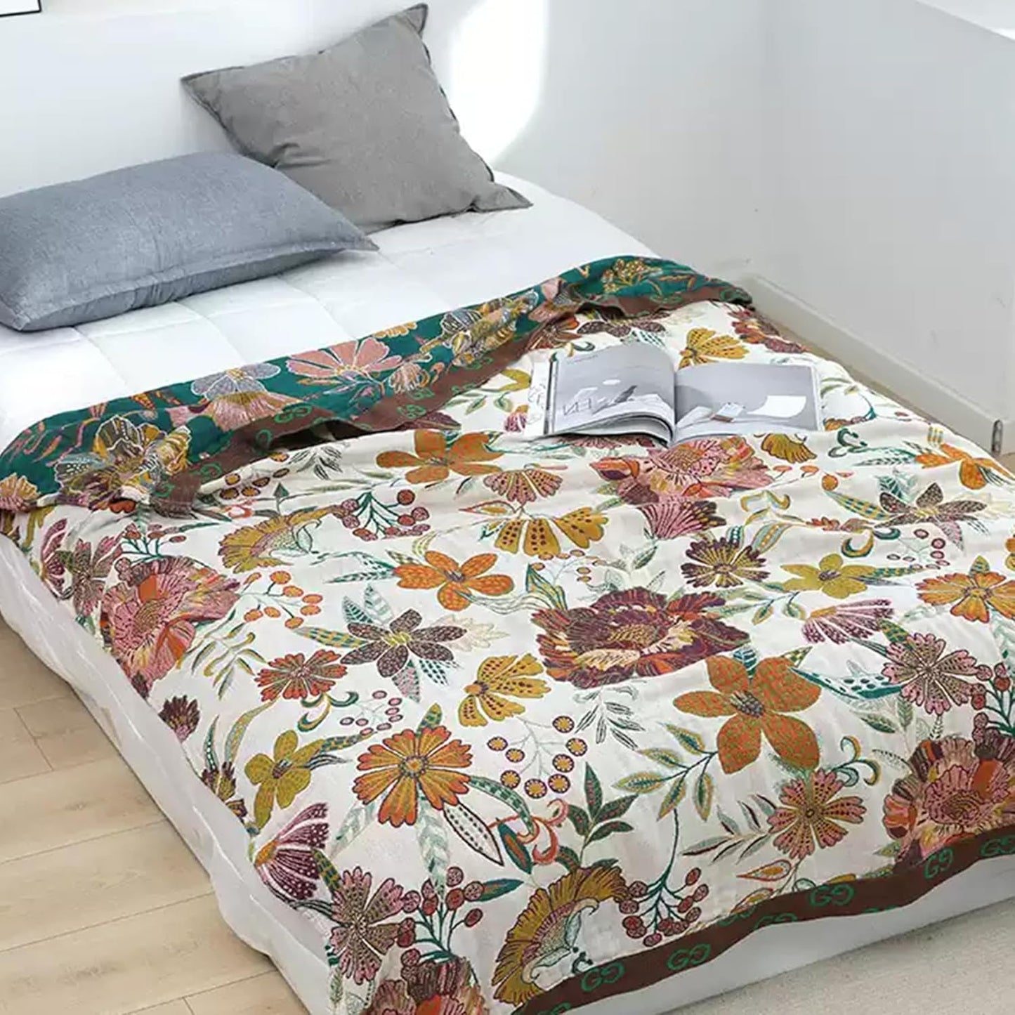 Boho Throw Blanket for Couch Sofa Bed, 100% Cotton Woven Quilt with Tassel 60”x80”, Super Soft Muslin Blanket with Floral Printed, Decorative Reversible Bed Blanket/Cover for All Seasons