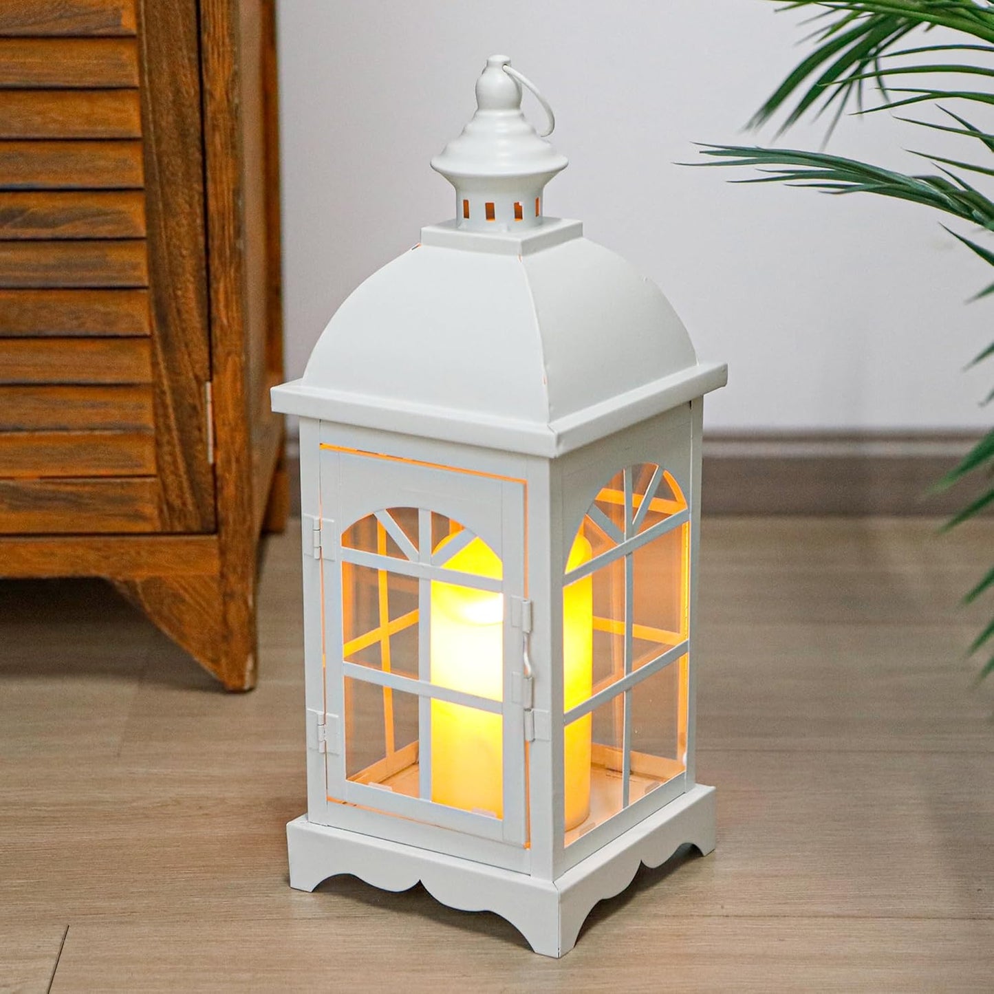TRIROCKS Decorative Vintage Candle Lanterns 14.5" H Farmhouse Outdoor Hanging Lanterns with Tempered Glass for Porch, Balcony, Patio, Home, Centerpieces, Indoor, Outdoor(White)