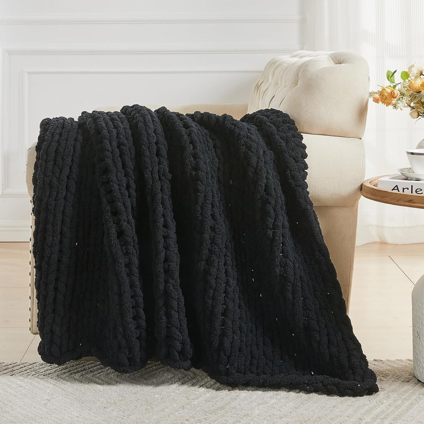 Carriediosa Chunky Knit Throw Blanket 60" X 80" Twin, 100% Hand Made Large Chenille Loop Yarn Soft Fluffy Throws for Couch Sofa Bed, Big Crochet Cozy Heavy Thick Cable Woven Blankets, Black