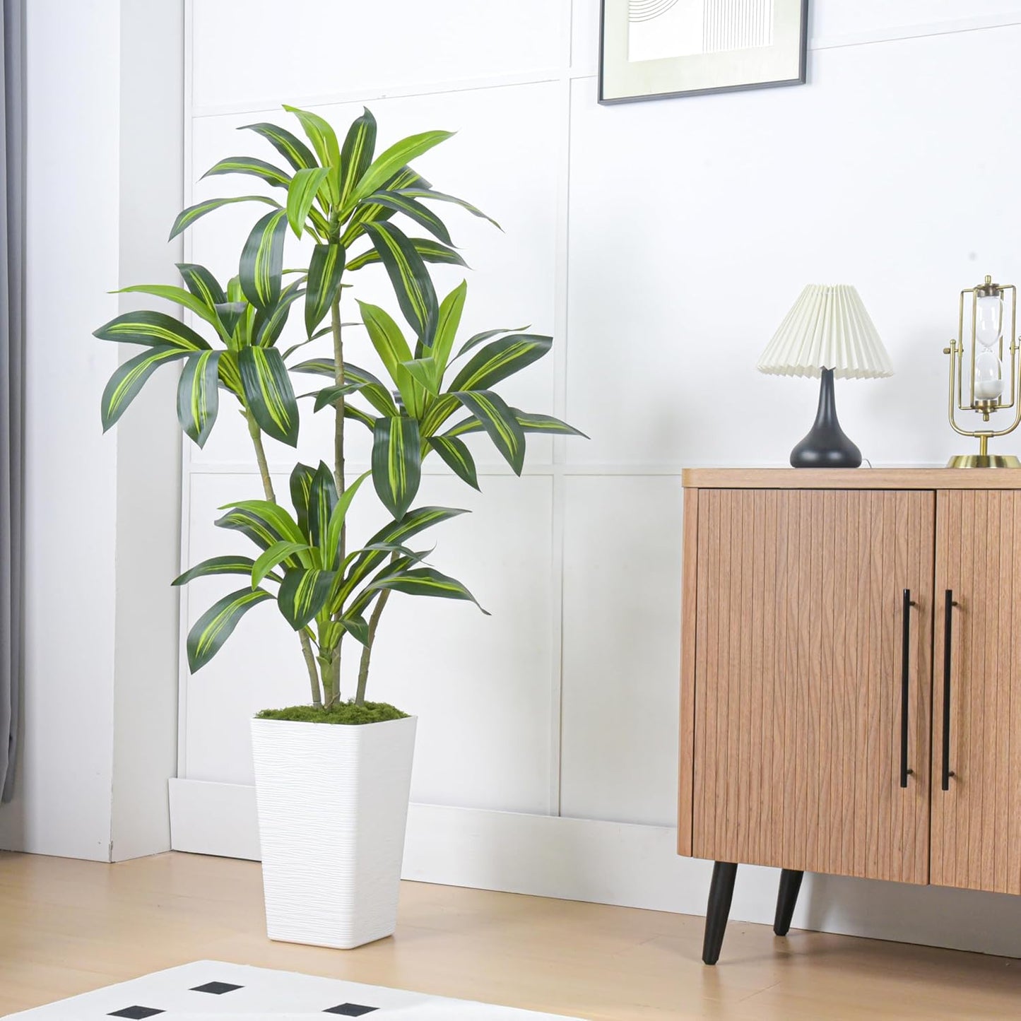 Artificial Dracaena Tree Artificial Silk Tree Faux Tree Fake Tropical Yucca Floor Plant with White Tall Planter (1, White Tall Planter, 5FT)