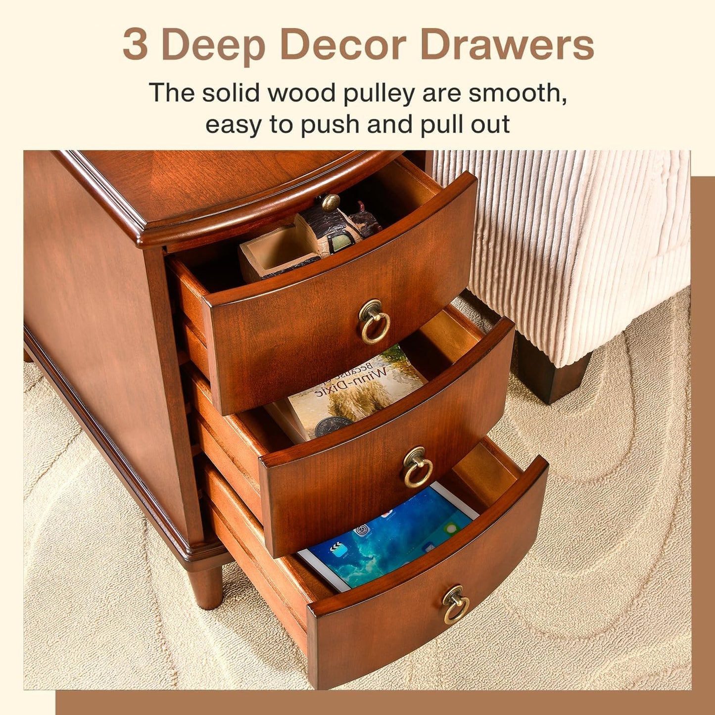 Set of 2 Solid Wood End Table with 3 Drawers, Fully Assembled Nightstand with Sliding Shelf, Pre-Assembled Vintage Wooden Beside Tables In Cherry Brown for Small Space,13.4*22.4*22.6in