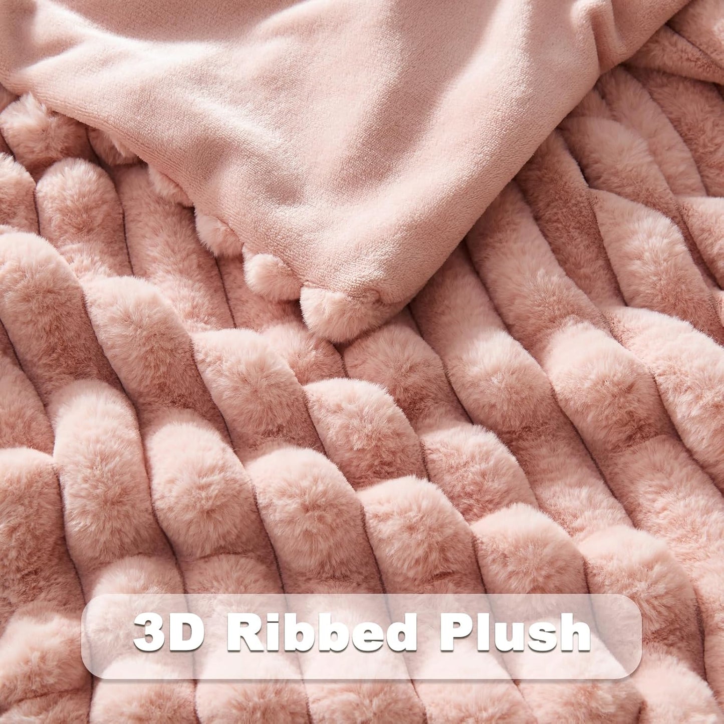NEWCOSPLAY Faux Fur Twin Blanket Pink 3D Ribbed Plush Thick Warm Blanket for Couch Sofa Bed 850GSM (Pink Ribbed, Twin(60"x80"))