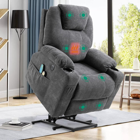 VIVIJASON Power Lift Chair Electric Recliner for Elderly Heated Vibration Massage Fabric Recliner Chair with 2 Remote Controls, Cup Holders, Side Pockets & USB Ports for Living Room (Grey)