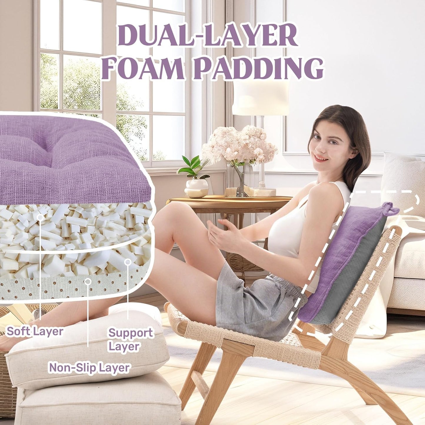 puredown® Chair Cushions for Dining Chairs, Tufted Memory Foam Chair Pads with Non-Slip Backing, Kitchen Seat Cushions with Ties, Washable Seat Pads Set of 4, 15.5" x 15.5" x 4", Purple