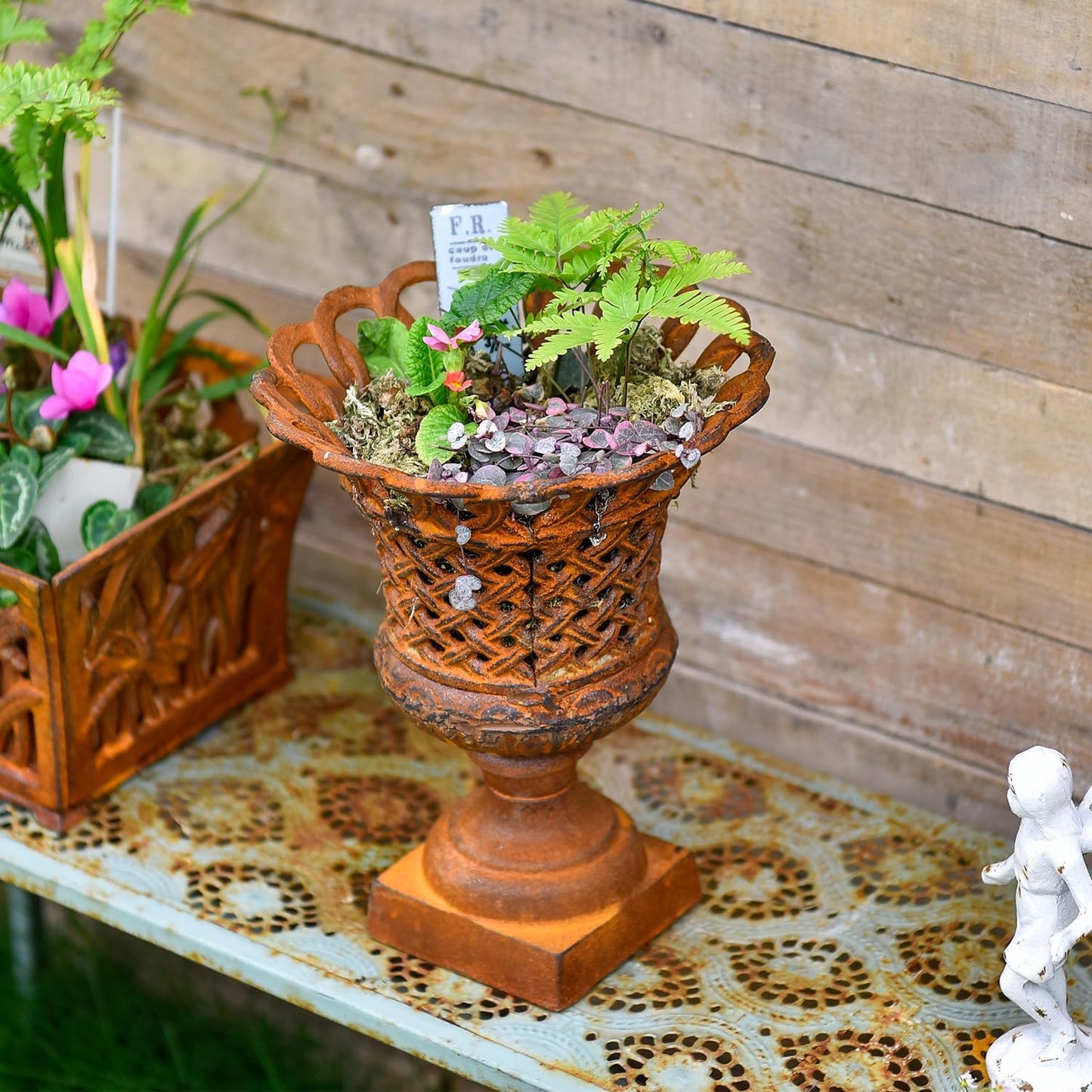 Sungmor Heavy Duty Cast Iron Urn Planter, Beautiful Hollow Trophy Design Tall Orchid Flower Pot, Large Decorative Plastic Flowers Plants Bouquets Vase, Rustic French Country Pot for Home or Garden