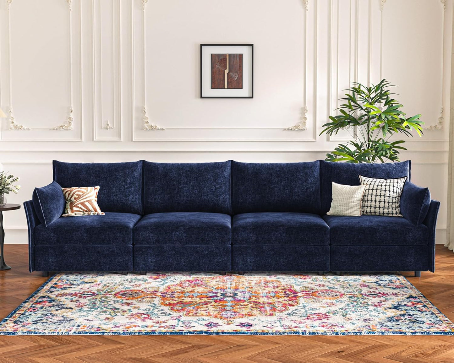 134.6" Modular Sectional Sofa, Oversized 4 Seater Blue Couch with Removable Chenille Fabric Cover, Deep Seat & High Backrest for Living Room, Office & Apartment