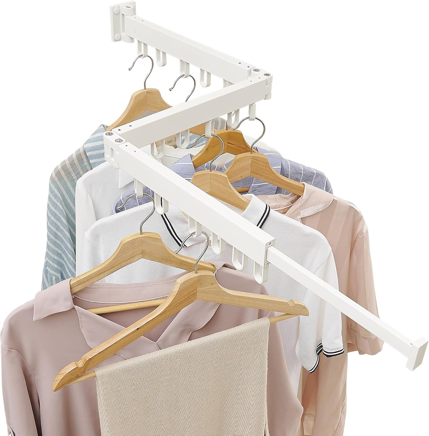 Clothes Drying Rack Wall Mounted, Laundry Drying Rack Collapsible, Space Saving Wall Drying Rack Clothing Foldable, Tri-Fold Retractable Rack Outdoor Indoor with 18 Hooks(White，Loop-Shape Hooks)