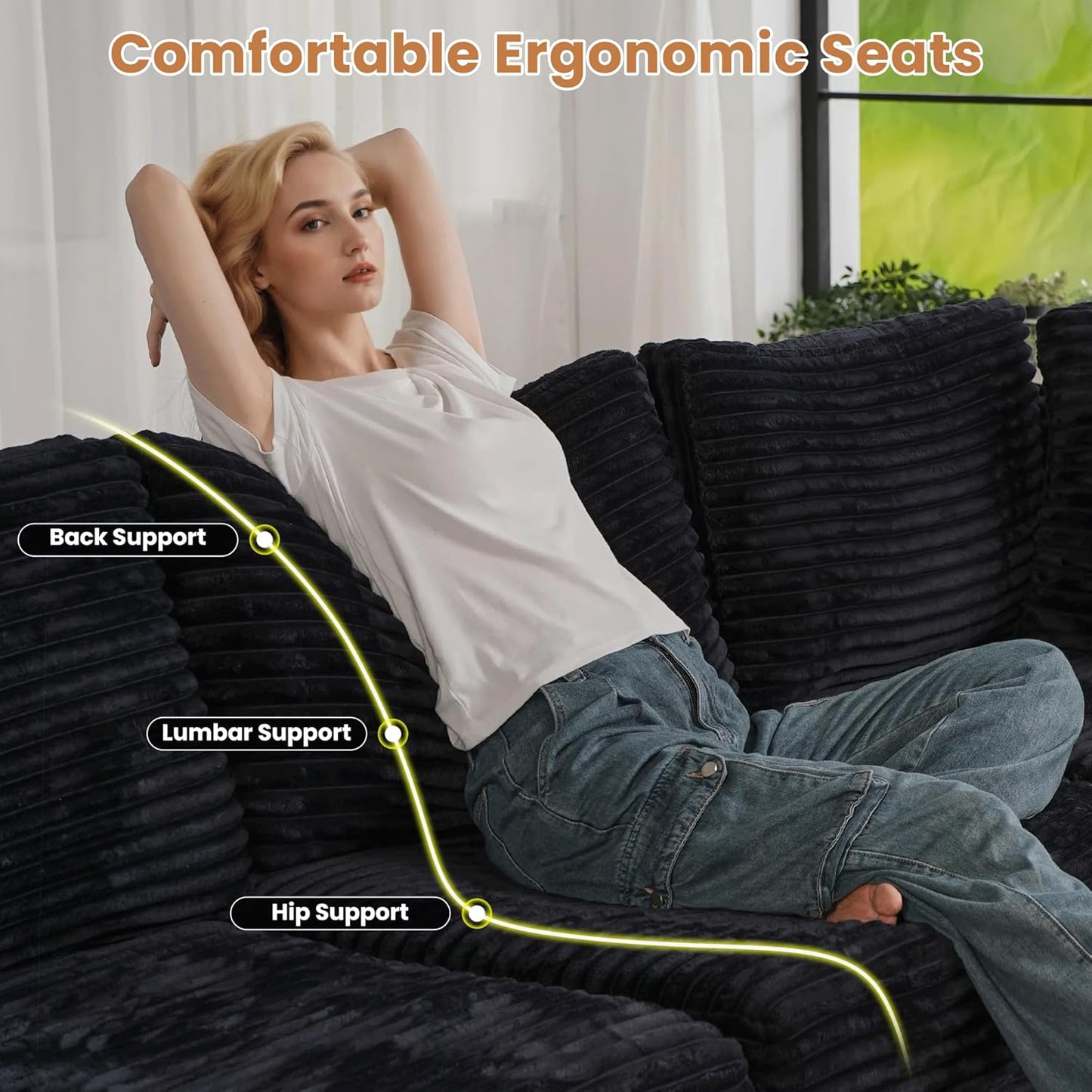 ovios Sectional Sofa Couch with L-Shape Chaise Oversized, Comfy Modular Cloud Couches with Deep Seat, Modern Upholstered Plush Corduroy Sofas Set for Living Room, 5-Seater, Black