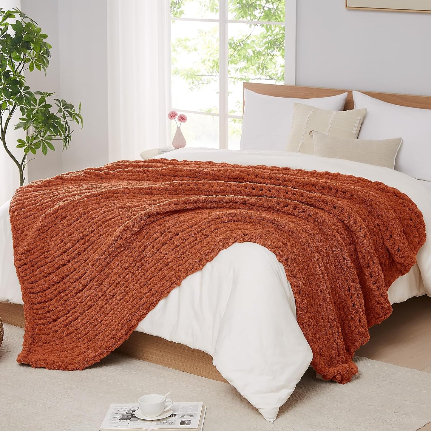 L'AGRATY Chunky Knit Blanket Throw: 80''x90'' Chenille Chunky Knitted Throw Blankets for Bed Couch - Handmade Thick Big Cable Knit Blanket - Large Crochet Rope Blankets for Home Decor(Rusty Orange)
