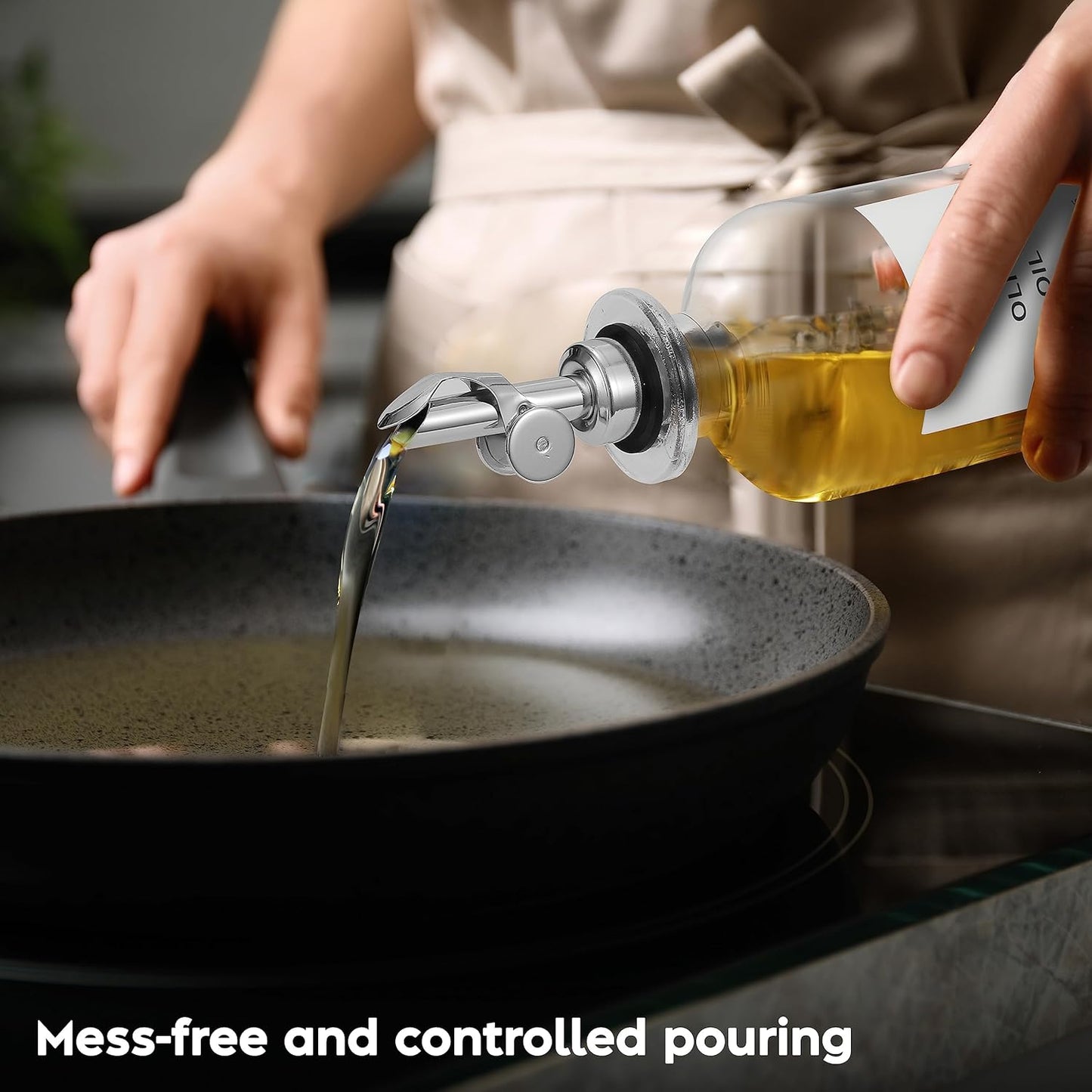 Olive Oil Dispenser Bottle - Includes 55 Kitchen Essential Labels - Cooking Oil Bottles for Kitchen, Coffee Syrup Dispenser - Pourer Spout with 16.9 fl oz Glass Container Cruet - 2pcs Silver