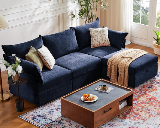 102.6" Modular Sectional Sofa, L Shaped Couch Set for Living Room, 3-Seater Comfy Cloud Couches with Movable Storage Ottoman,DIY Combination - Chenille Blue