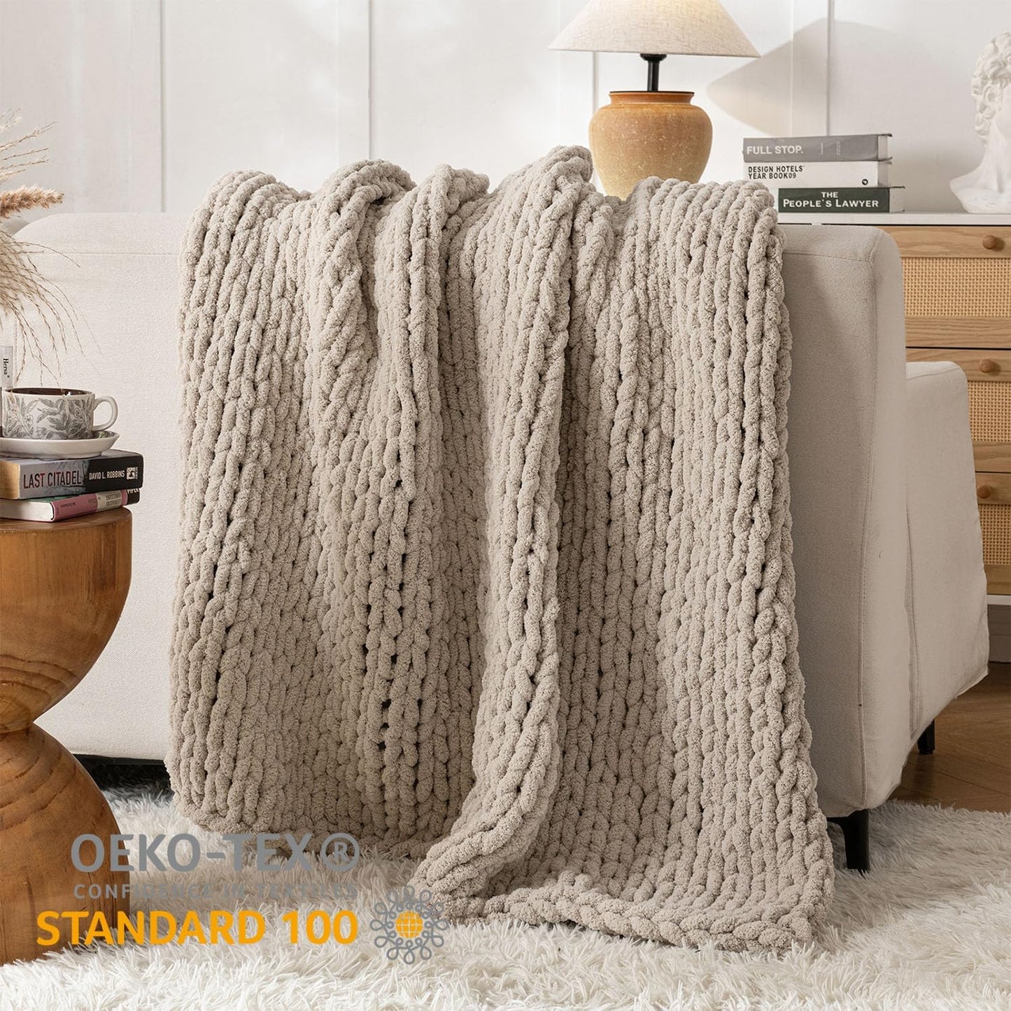 Chunky Knit Blanket Throw, 100% Hand Knit Throw Blanket Handmade Chenille Cable Knit Throw for Couch, Stylish Cozy Soft Rope Knot Crochet Blanket for Home Decor, Beige Linen, 40x50 Inches