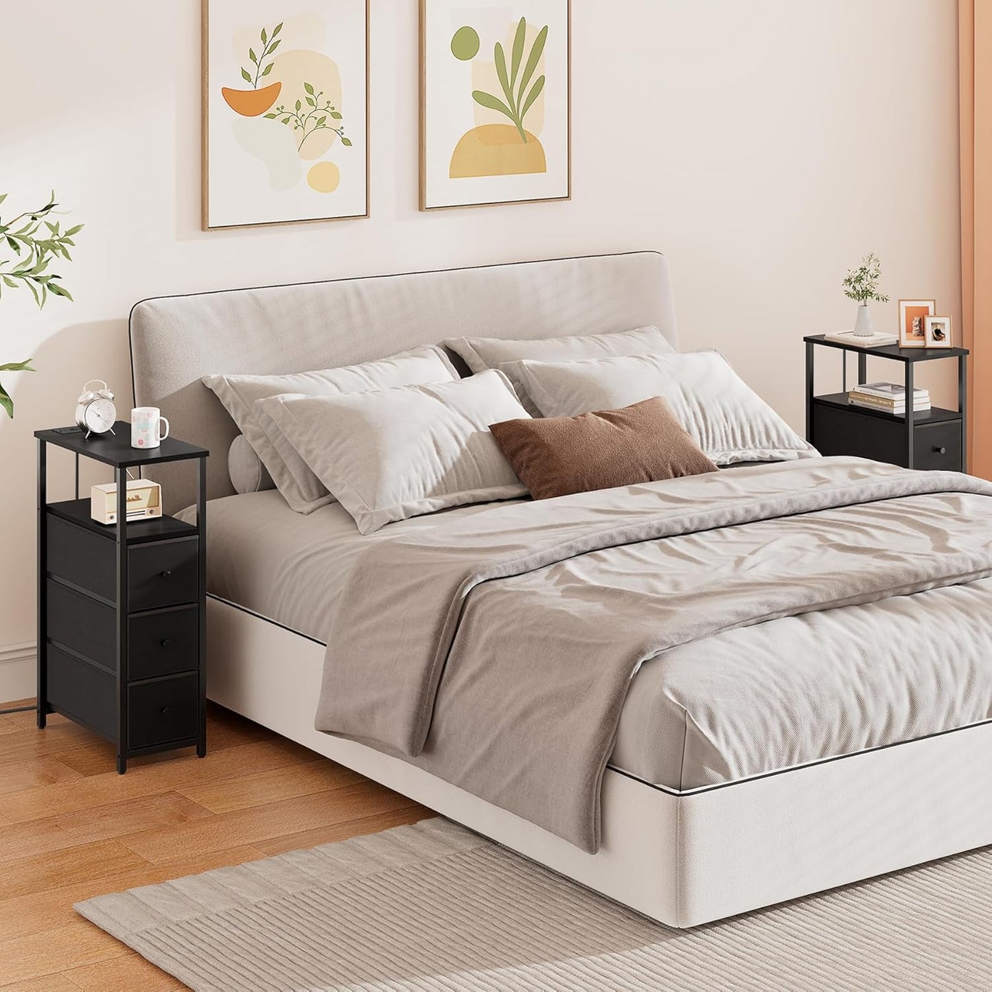 TUTOTAK Narrow Night Stand with Charging Station, Slim End Table with Plugins, Tall Side Table with 3 Fabric Drawer, Small Bedside Table with Storage, Set of 2, Living Room, Bedroom, Black TB01BK073