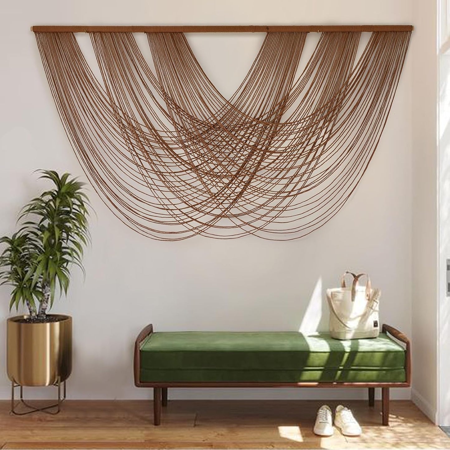 Large Macrame Wall Hanging Brown Die-Dyed 59.00" W x 31.00" L Boho Wall Decor Yarn Tapestry Craftsmanship Home Macrame Wall Decor