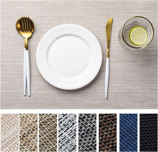 LEXMORE Placemats Set of 6 Vinyl/Plastic Woven Place Mats for Kitchen Table Indoor/Outdoor Washable Placemat Wipeable Dining Table Mats(A-Beige White)