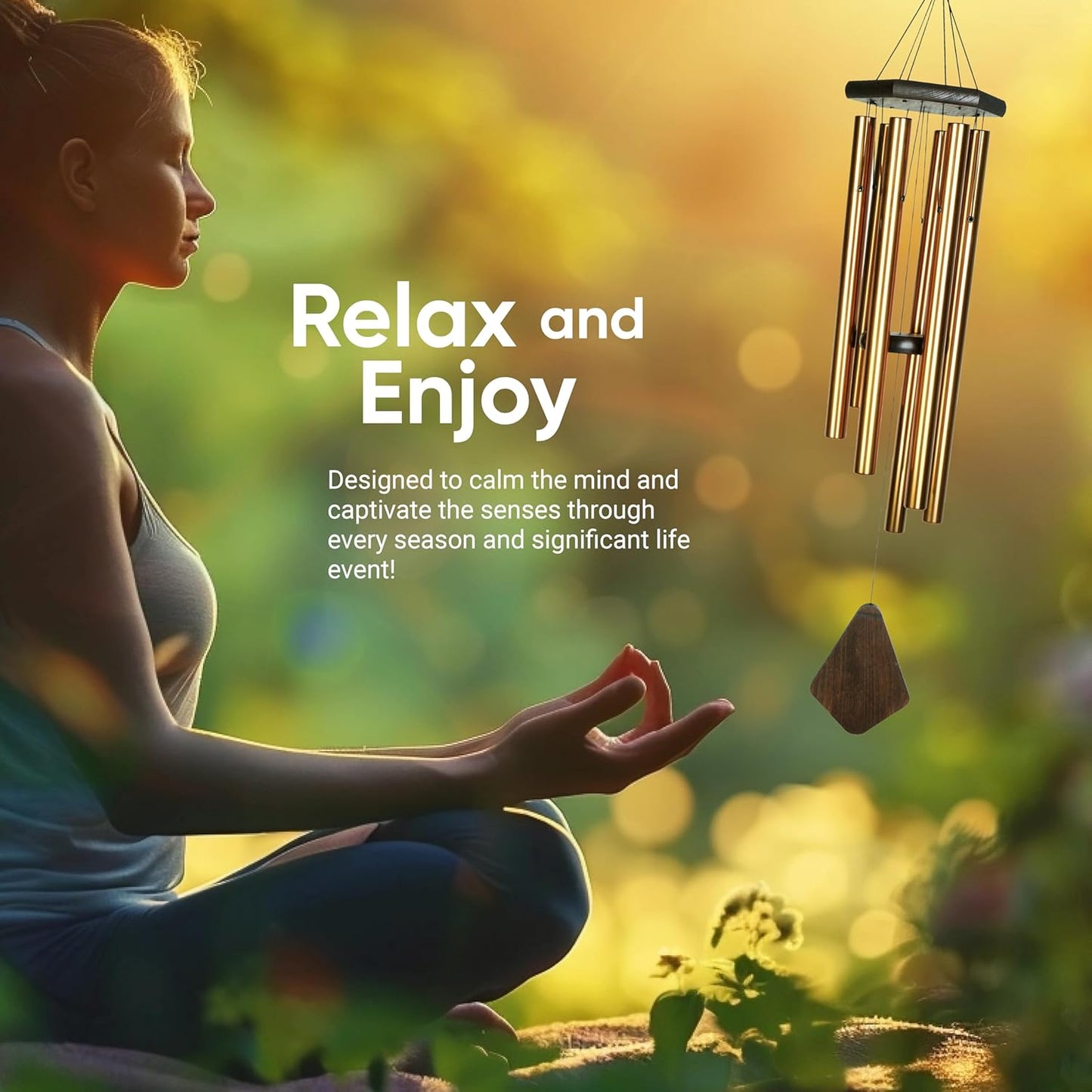 Nature’s Melody Premiere Grande Tunes Wind Chimes – Outdoor Windchime with 6 Tubes Tuned to E Pentatonic Scale, Rustproof Aluminum, Beech Wood & S Hook Hanger for Sympathy, Memorial Gift or Zen Garden