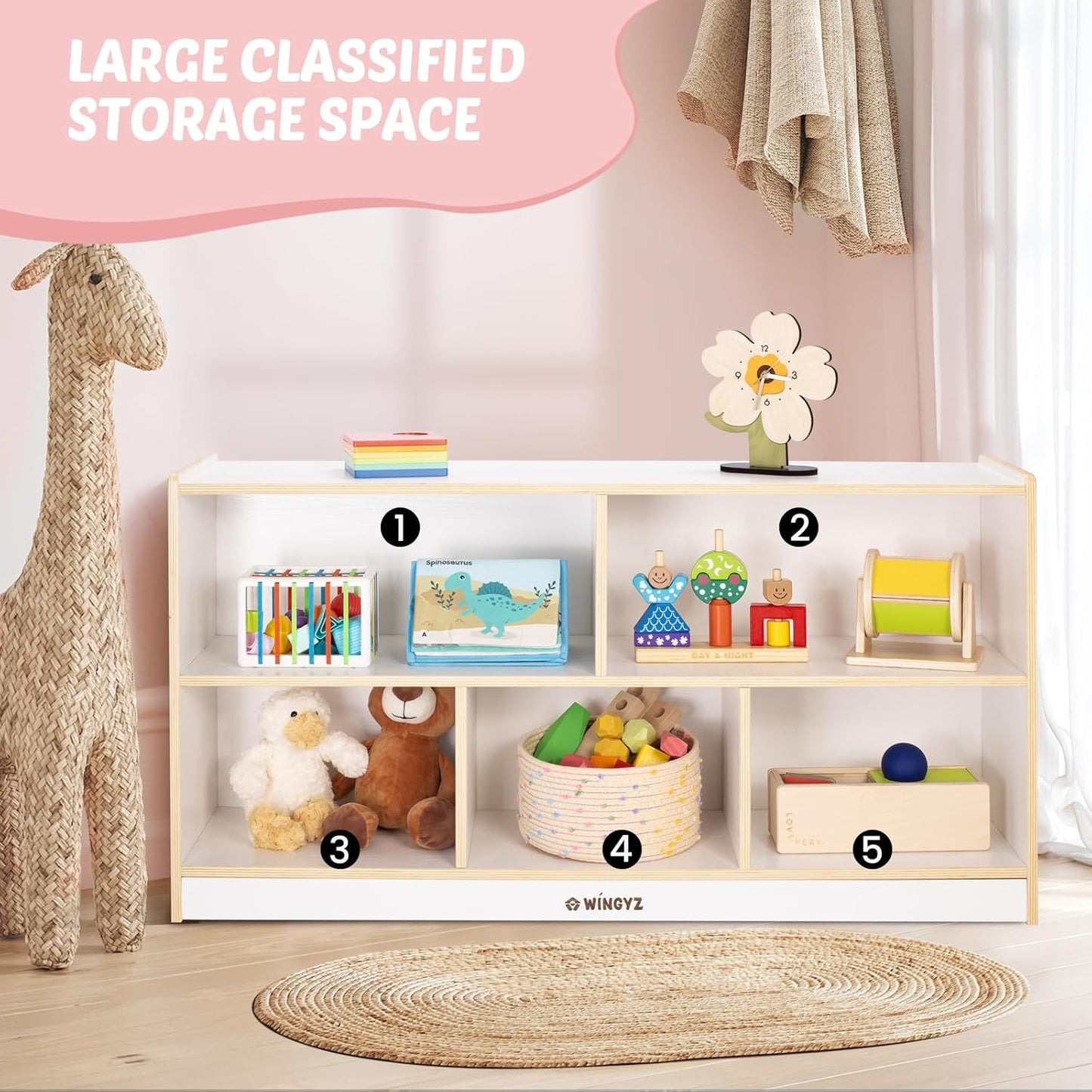 Toy Storage Organizer for Kids, 5-Compartment Wooden Storage Cabinet, Children Bookcase and Montessori Bookshelf, Book Shelf for Kids Room, Playroom, Living Room, Nursery, Classroom 24'' H(White)