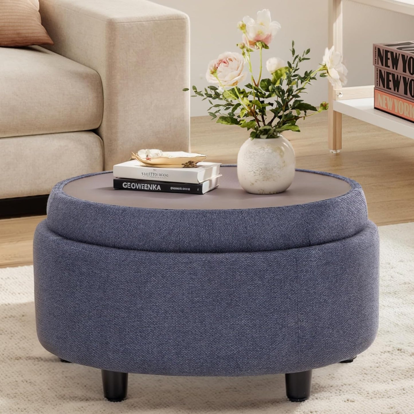COLAMY Fabric Round Storage Ottoman with Reversible Tray Lid – Multi-Functional Footrest, Hidden Storage, Sturdy & Stylish Small Coffee Table for Living Room, Bedroom, or Entryway(Blue)