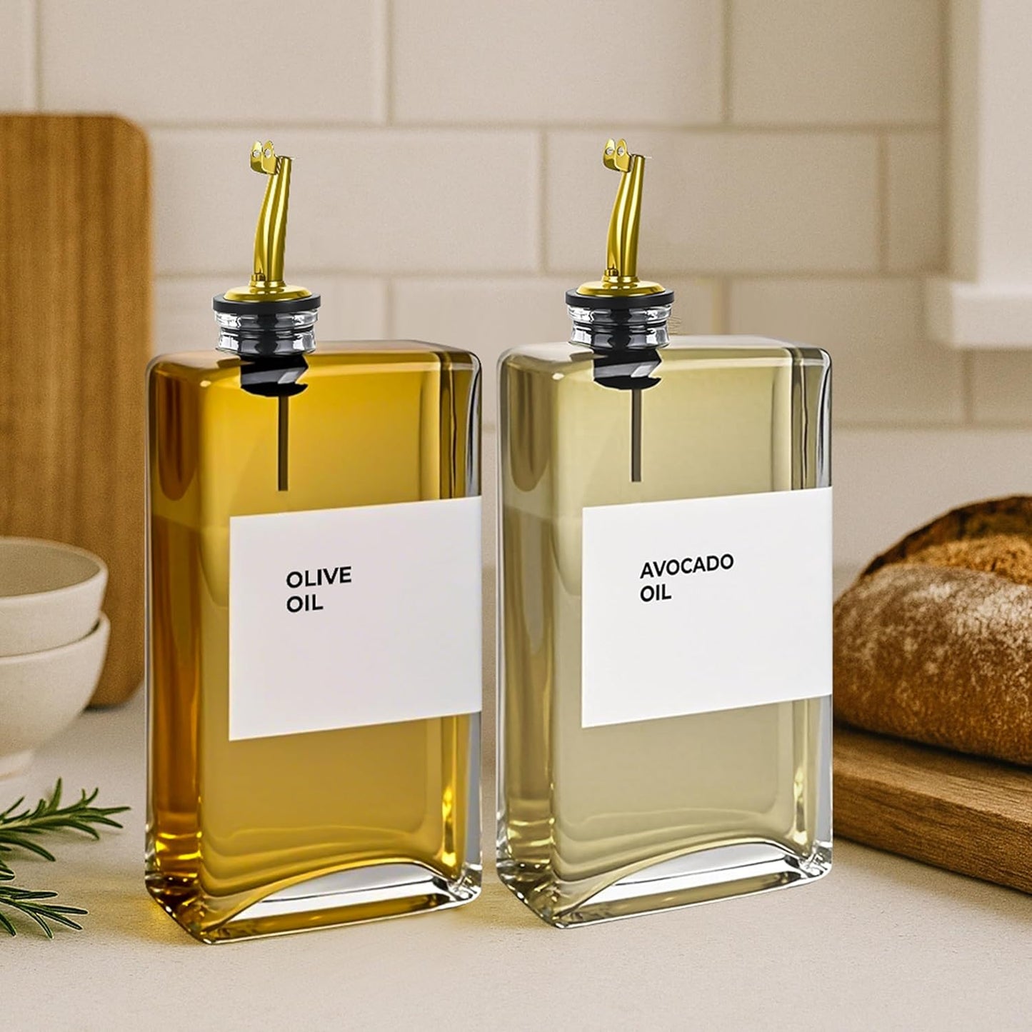 Olive Oil Dispenser Bottle - Includes 44 Kitchen Essential Labels - Cooking Oil Bottles for Kitchen, Coffee Syrup Dispenser - Pourer Spout with 11.8 fl oz Glass Container Cruet - 2pcs, Gold