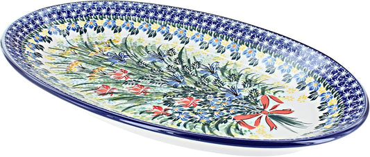 Blue Rose Polish Pottery Day Lily Bouquet Oval Platter