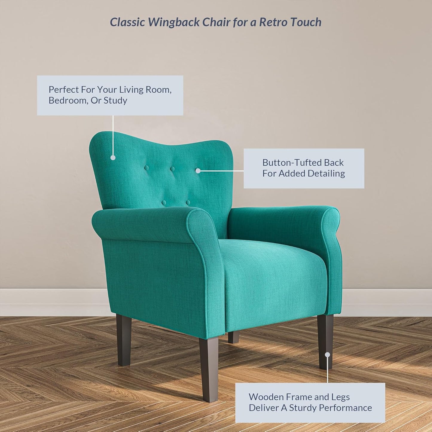 BELLEZE Modern Accent Chair for Living Room, High Back Armchair with Wooden Legs, Upholstered Wingback Chair Padded Armrest Single Sofa Club Chair for Living Room, Bedroom - Allston (Mallard Teal)