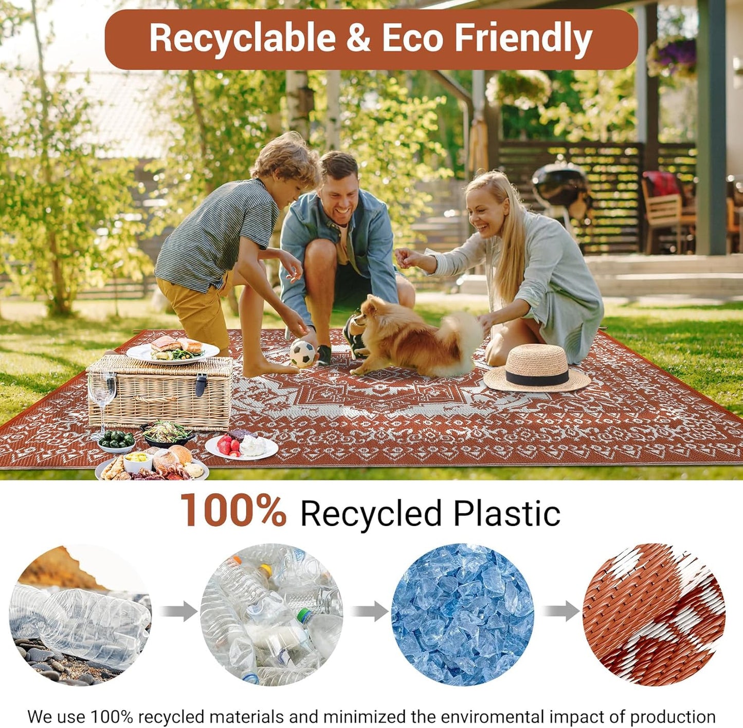 GAOMON Extra Large Outdoor Rug 10x20 Waterproof Plastic Straw Rug Reversible Vintage Patio Carpet, Portable Picnic Camping Mat with Bag & Stakes, Outside Carpet for Balcony Garden Yard, Orange Red