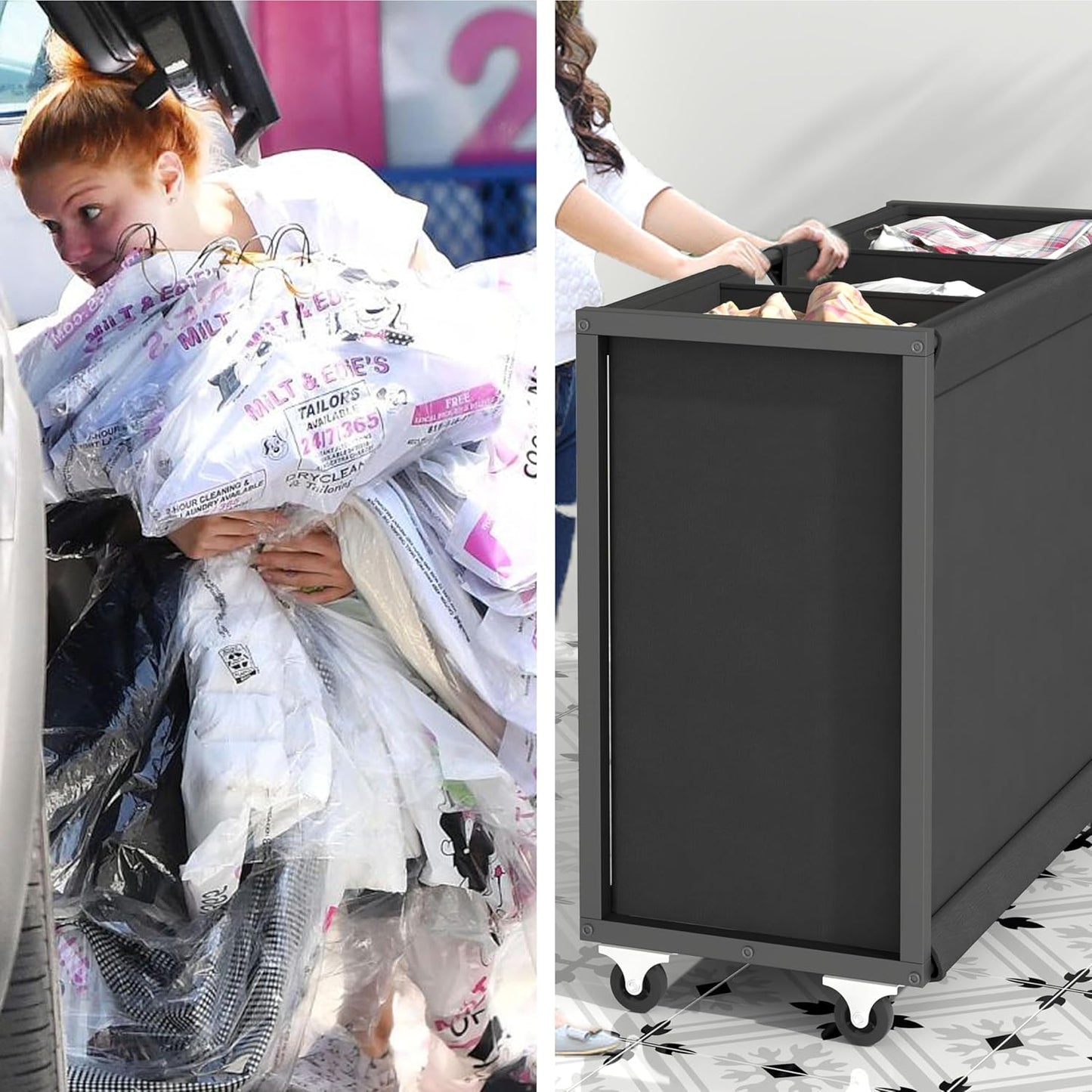 L Shaped Laundry Hamper Laundry Basket with 3 Section Pull-Out Rolling Bags & 3-Tier Storage Shelf, Laundry Sorter for Organization and Storage with 2 Drawers for Laundry Room