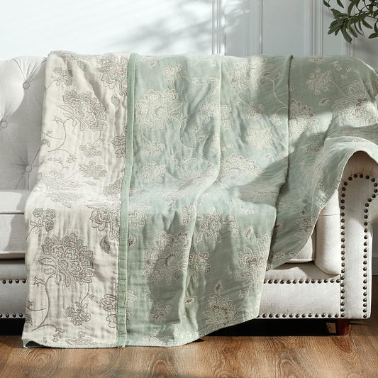 jinchan Boho 100% Cotton Muslin Twin Size 50x60 Inches Blanket Lightweight 4-Layer Quilted Soft Green and Beige Floral Throw Blanket Reversible Comfy Flower Breathable All Seasons Couch Bedroom Decor
