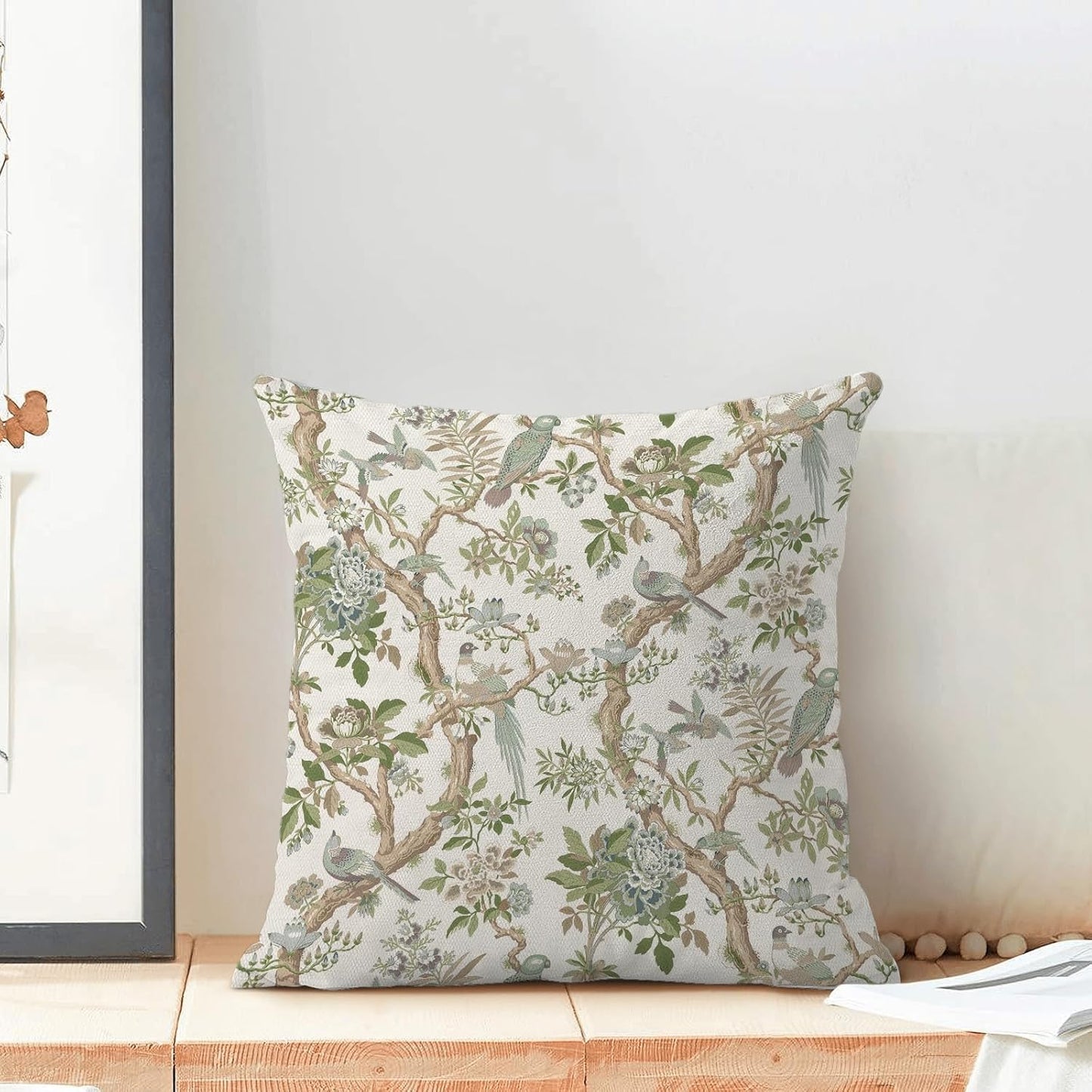 CXMEIFLY Chinoiserie Spring Pillow Covers 18 x 18 Inch Set of 2 for Sage Green Blue Vintage Flowers Bird Decor Throw Pillows Plant Farmhouse Outdoor Decorative Cushion Cases for Couch Bed Decorations