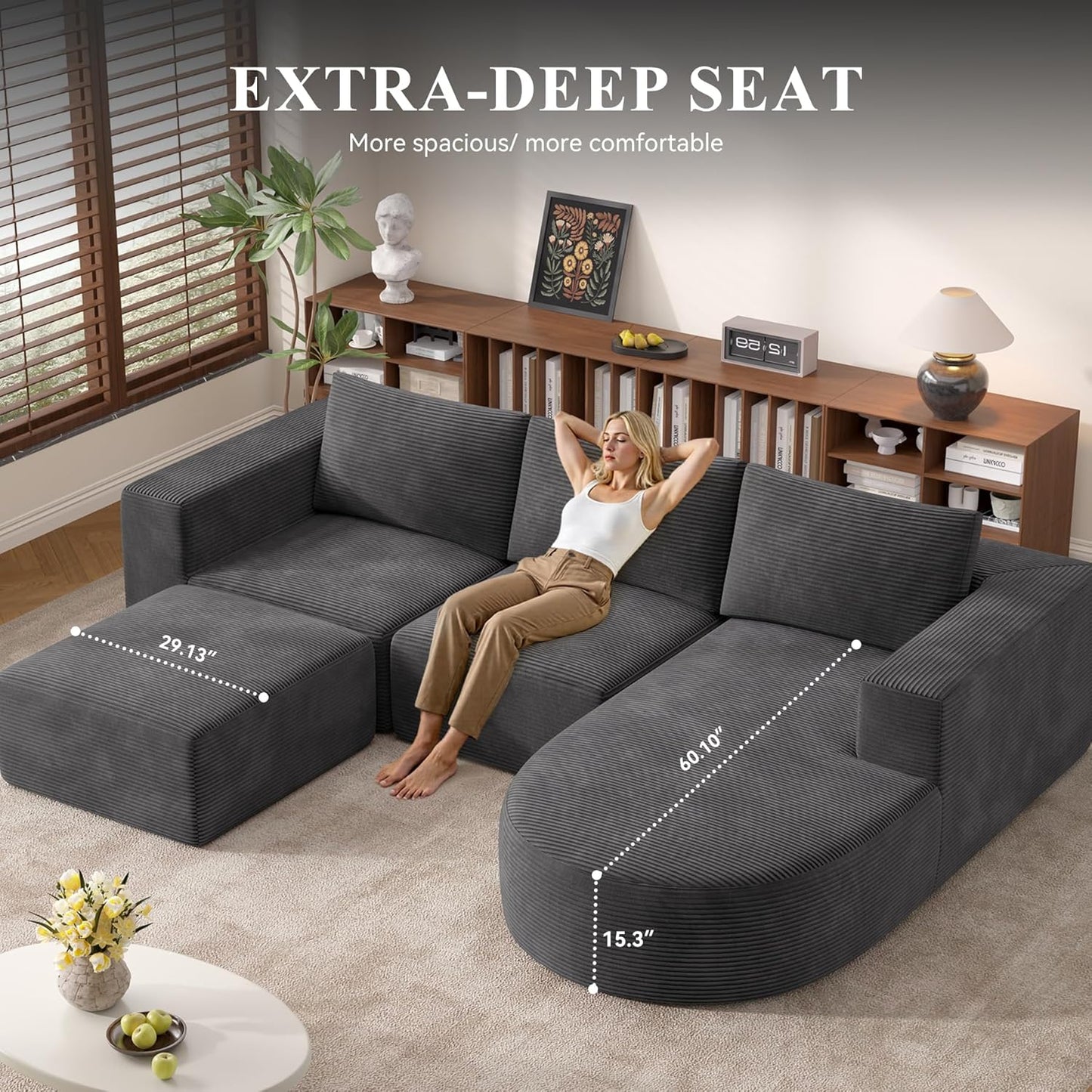 Modular Sectional Sofa with L-Shape Chaise,Cloud Sectional Modern Sleeper Couch with Deep Seat,Sponge Compression Sofas No Assembly Required (Dark Gray-Corduroy Fabric) 1pcs