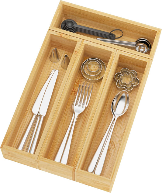 BAMEOS Silverware Organizer, Utensil Drawer Organizer, 4 Slots Kitchen Drawer Organizer, Bamboo Flatware Organizer for Drawer in Natural