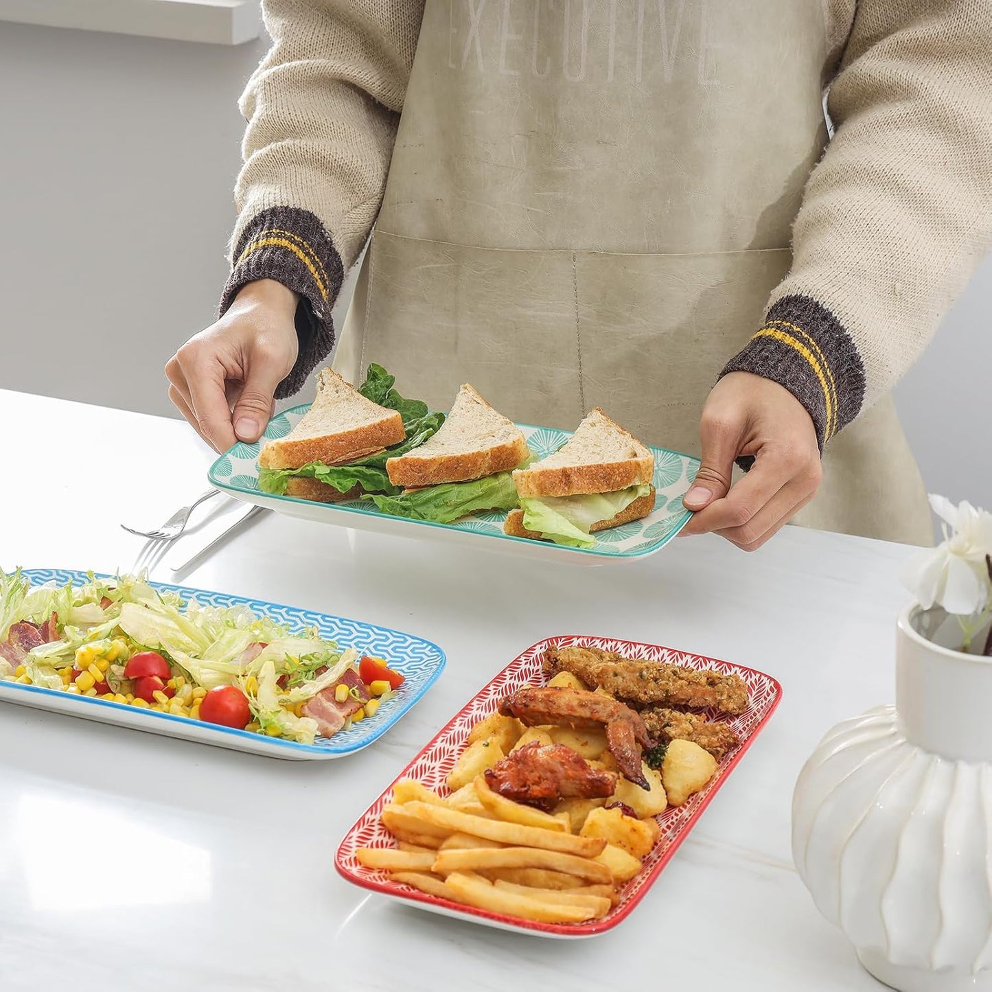 Selamica Ceramic Serving Platters, 12 Inch Serving Trays for Party Entertaining, Large Rectangular Serving Plates, Set of 6, Assorted Colors