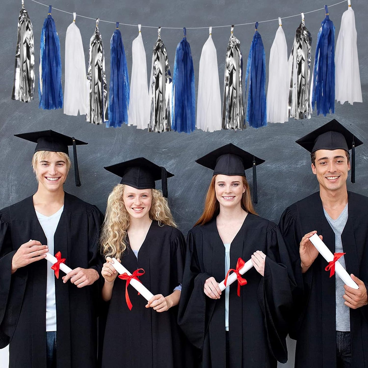 Navy-Blue White-Silver Tassel Garland Streamers - 15pcs Party Decorations Tissue Paper Tassels Banner,Graduation 2025 Wedding Baby Bridal Shower Hanging Decoration Boy Birthday Backdrop Decor Panduola