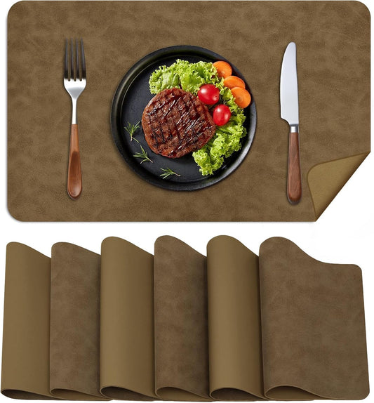 BLESWIN Faux Leather Placemats, Set of 6, 12×17 Inch -Double Side Texture Color Table Mats, Heat-Resistant, Waterproof and Oil-Resistant, Suitable for Dining Room, Kitchen, Party, Outdoor - Khaki