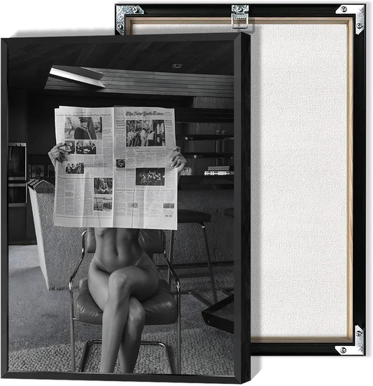 Sexy Glamorous Reader Poster Feminist Art Black and White Preppy Canvas wall art Retro Room Aesthetic Newspaper prints painting Trendy Naked Women Art wall decor 16x24in Framed