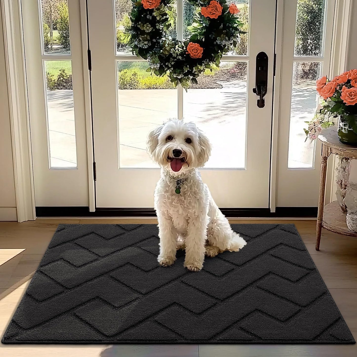 hicorfe Front Door Mat Outside Entrance,32"x40" Absorbent Muddy Dirt Resist Welcome Door Mats Outdoor Indoor,Stain and Fade Resistant,Non Slip Backing Entry Mat Doormat for Entryway(Charcoal)
