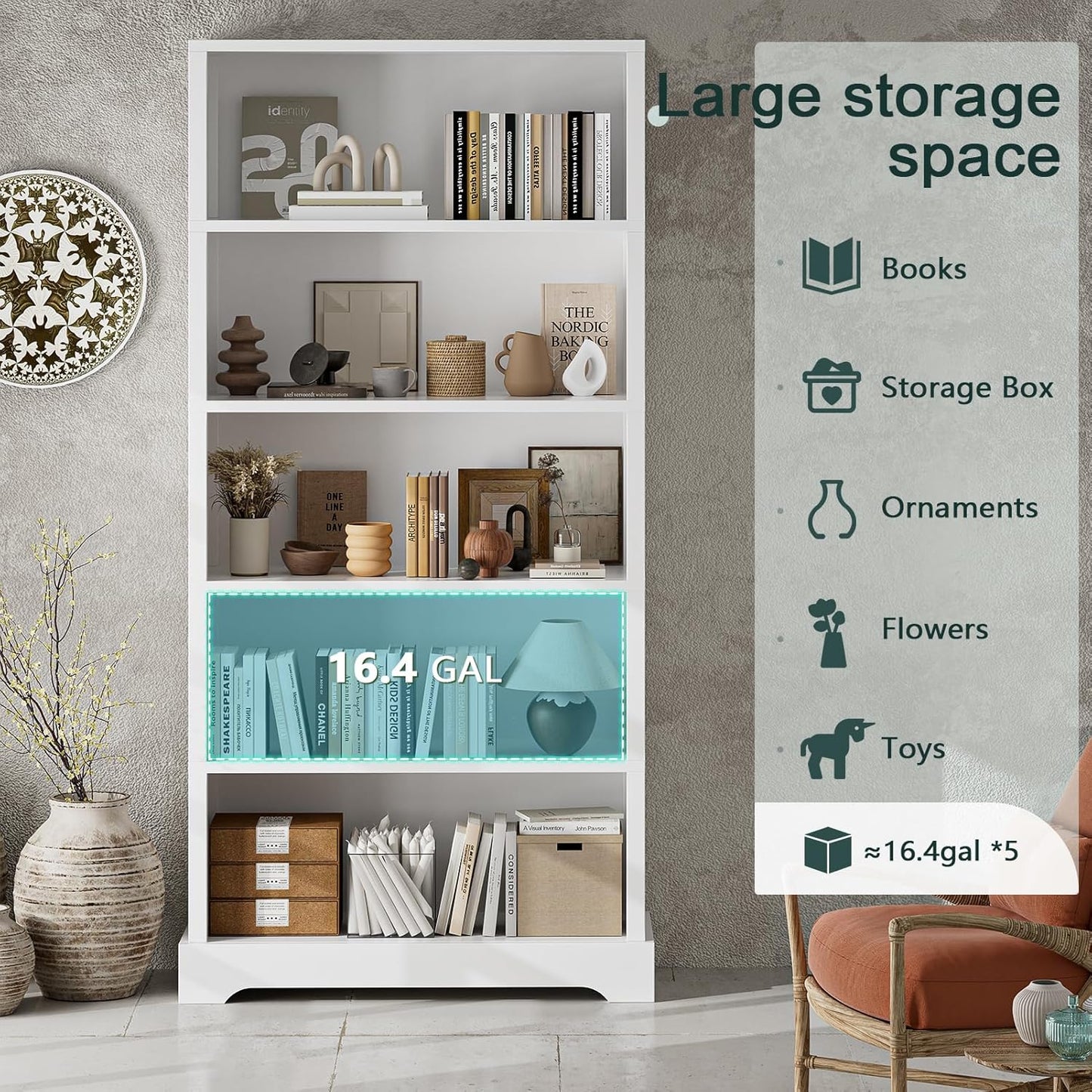 TVU 5-Shelf Wood Bookcase, 65 Inch Tall Bookshelf with Storage, Floor Standing Display Book Shelf，for Living Room Bedroom Study Office, White