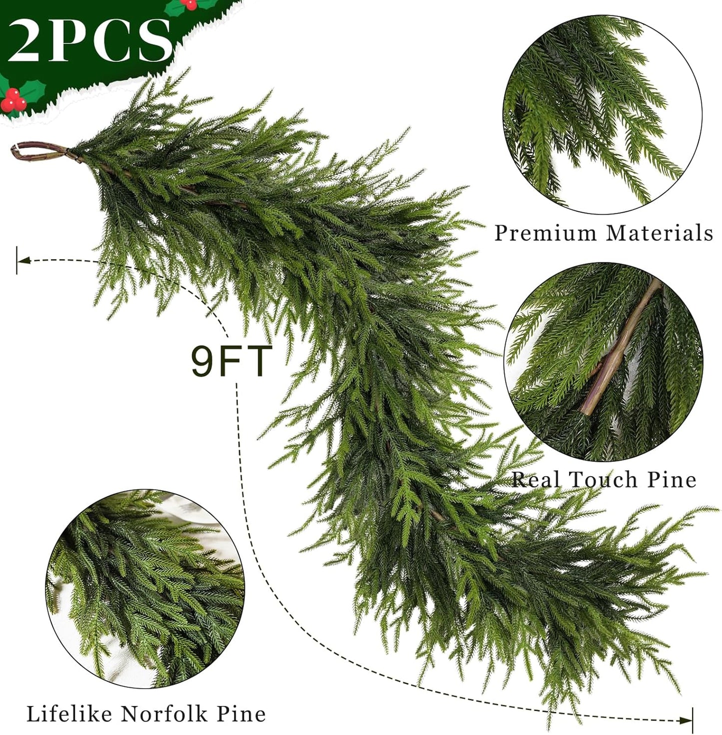 Artificial Norfolk Pine Garland - Faux Christmas Garland Fake Green Garland for Fireplace,Table, Stairs, Mantle, Window,Indoor Outdoor,Home,Holiday Decor (2 PCS,9 FT)