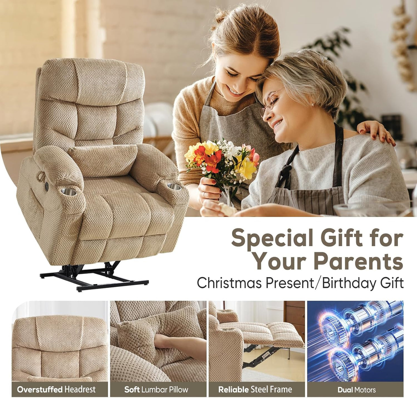 Oversized Dual Motor Lay Flat Power Lift Recliner Chair with Massage, Heating, Lumbar Pillow, USB & Type-C Ports, Textile Lift Chairs Recliners, Large Recliner for Big & Elderly People - Beige