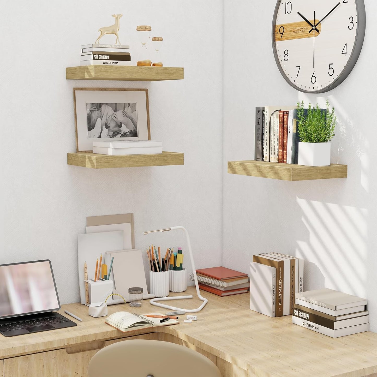 Fun Memories Floating Shelves for Wall - 10 x 16 Floating Shelf - Rustic Wood Storage Shelf - Wall Shelves with Invisible Bracket - 16" Bookshelves for Living Room & Bedroom - Oak - Set of 2