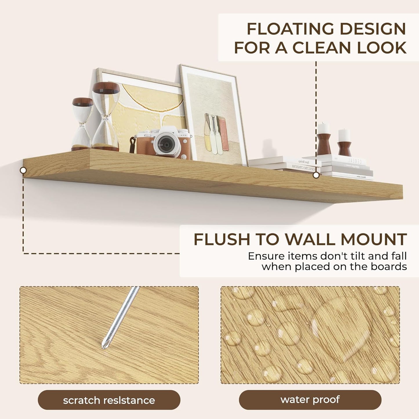 RICHFOCUS 55Inch Floating Shelves for Wall 1 Pack Shelves for Bedroom|Kitchen|Bathroom Wall Mounted Rustic Wood Floating Shelf with Invisible Brackets for Books|Storage|Decor, Oak