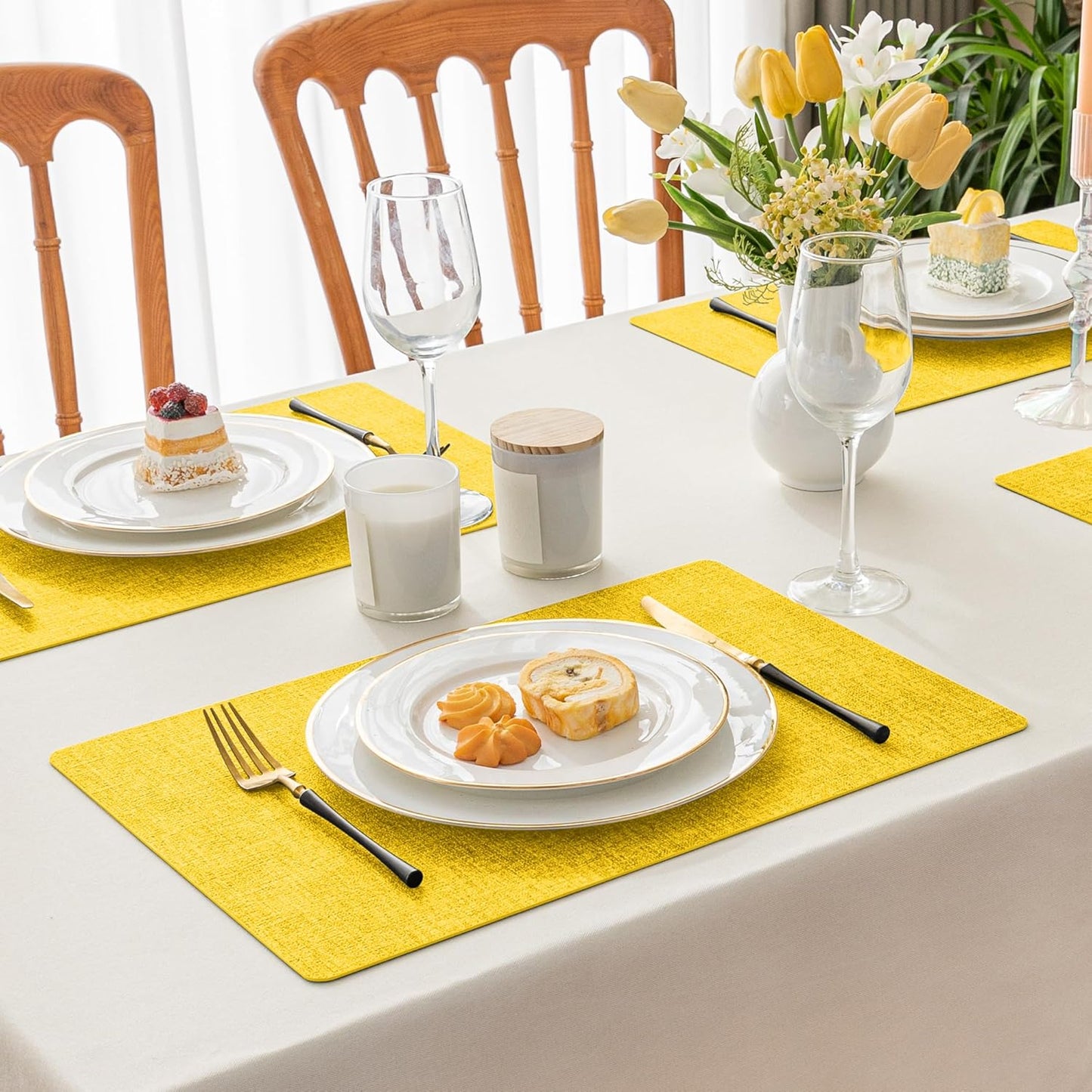 Romanstile Vinyl Placemats Set of 6-12 X 18 Inch - Heat Resistant Place Mats 100% Waterproof Oilproof Wipeable Reversible Faux Leather Table Mats for Kitchen/Dining/Party/Outdoor, Yellow