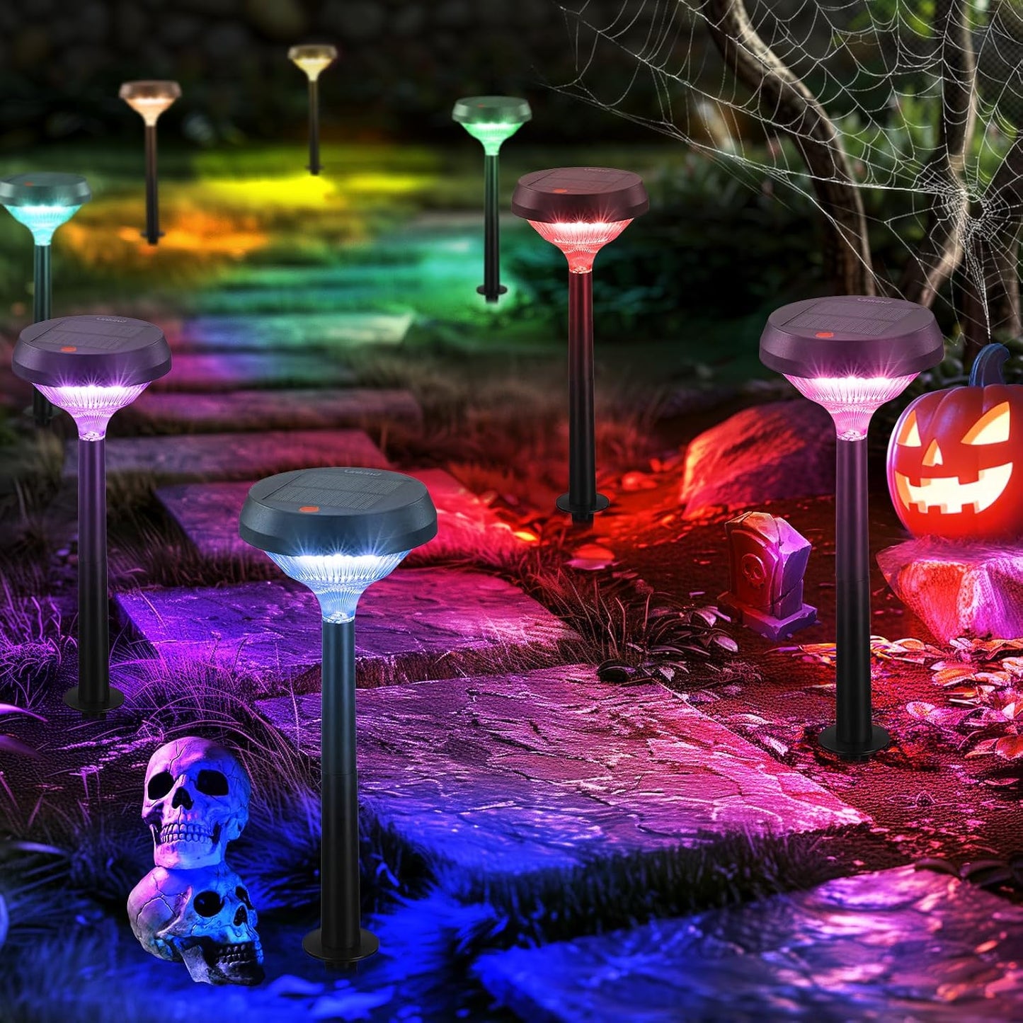 Linkind Solar Pathway Lights 8 Pack, Color Changing Halloween Decorations Outdoor Waterproof, Multicolor Warm Cool White Solar Halloween Lights for Walkway Yard Garden Landscape