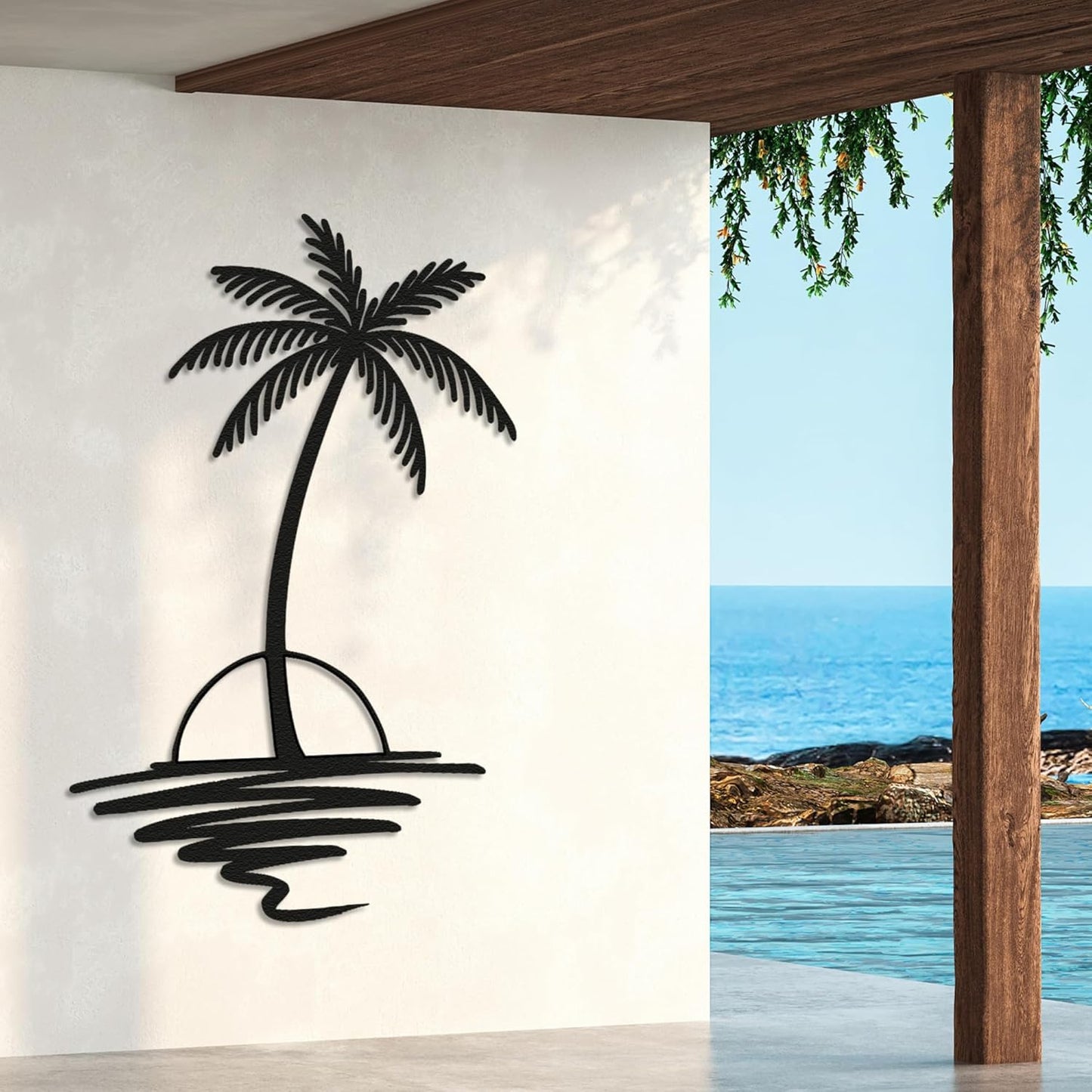Metal Palm Tree with Sunset Wall Art, Large Outdoor Wall Decor, Tropical Beach Decor for Living Room, Bedroom, Garden Home Wall Sign, Perfect Metal Wall Art for Beach House(Black, 18 x 14 inches)