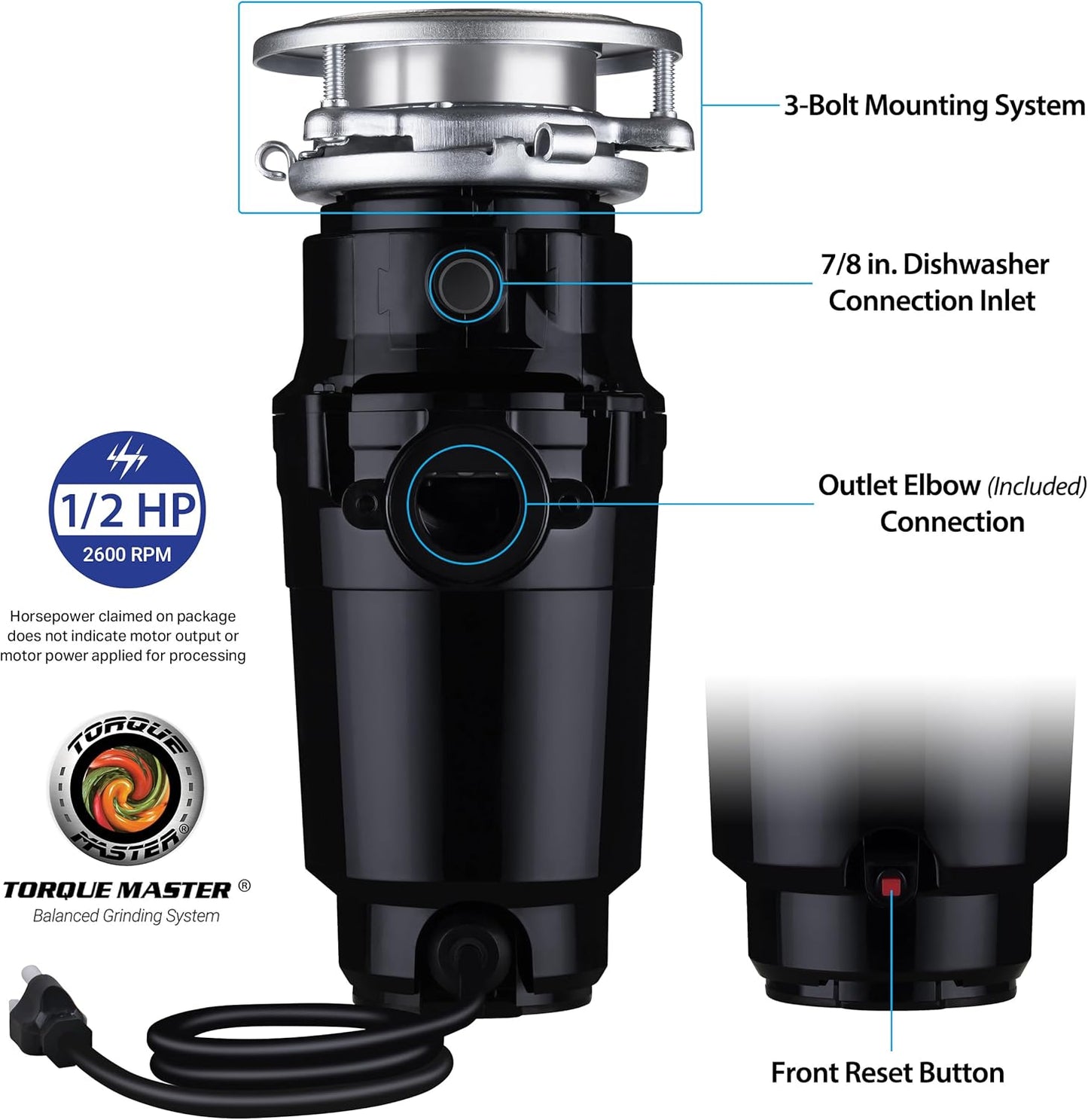 Waste Maid 10-US-WM-058-3B Garbage Disposal Anti-Jam Stainless Steel Food Waste Grinding System, 1/2 HP Economy, Black