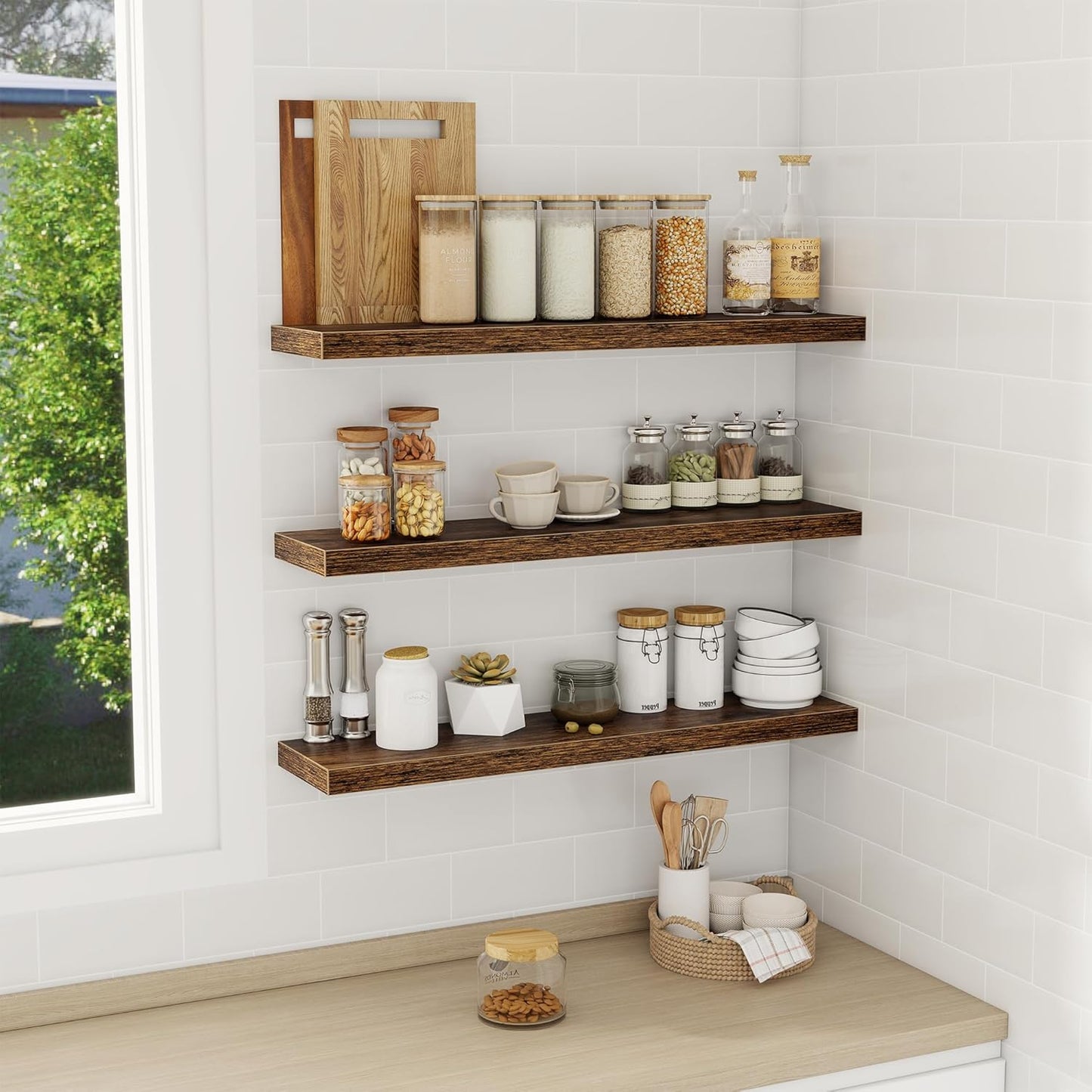 Fun Memories 32 Inch Floating Shelves Wall Shelf Set of 3, Rustic Farmhouse Home Decor Kitchen Living Room Shelves Wall Mounted, 32 x 6.7 x 1.4 Inch, Rustic Brown