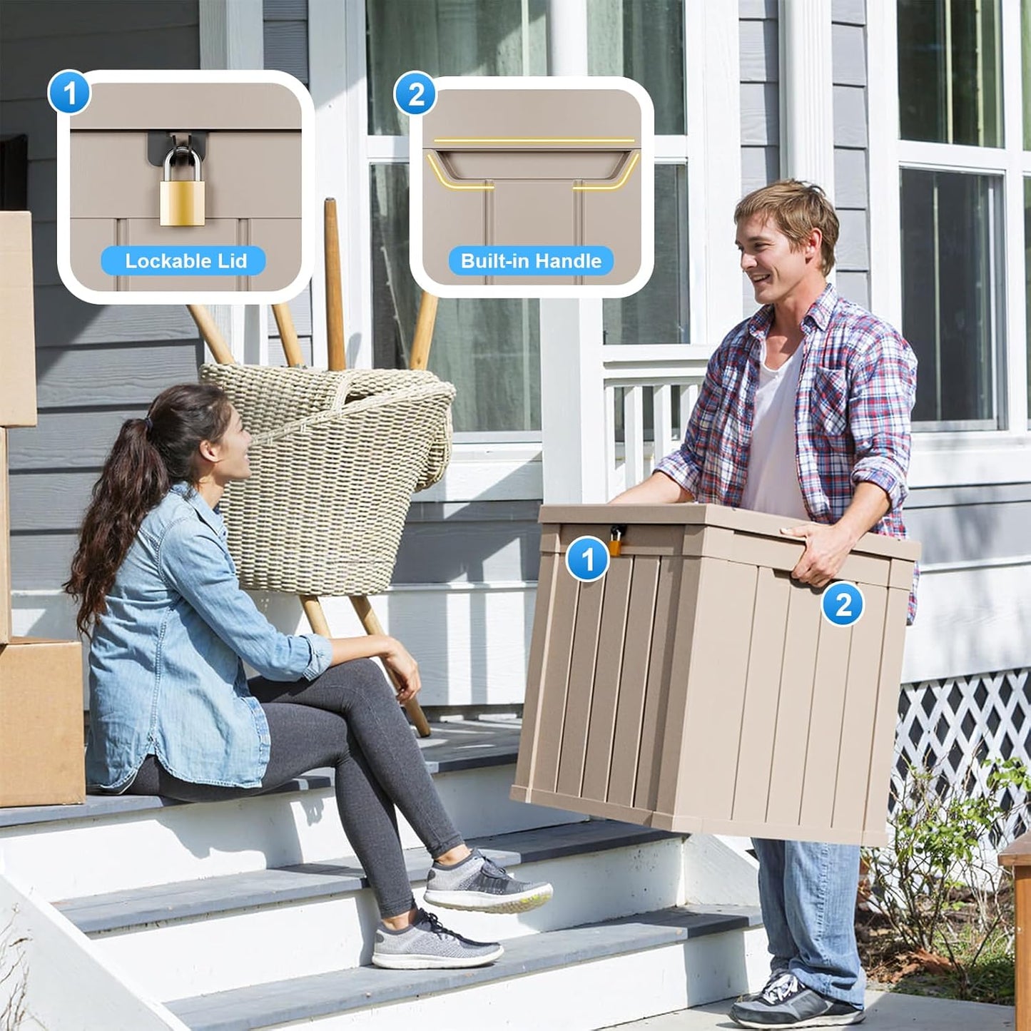 DRATO 50 Gallon Deck Box, Outdoor Storage Box for Patio Cushion, Sports Equipment, Garden Tools, Waterproof Patio Storage box, Lockable (Light Brown)